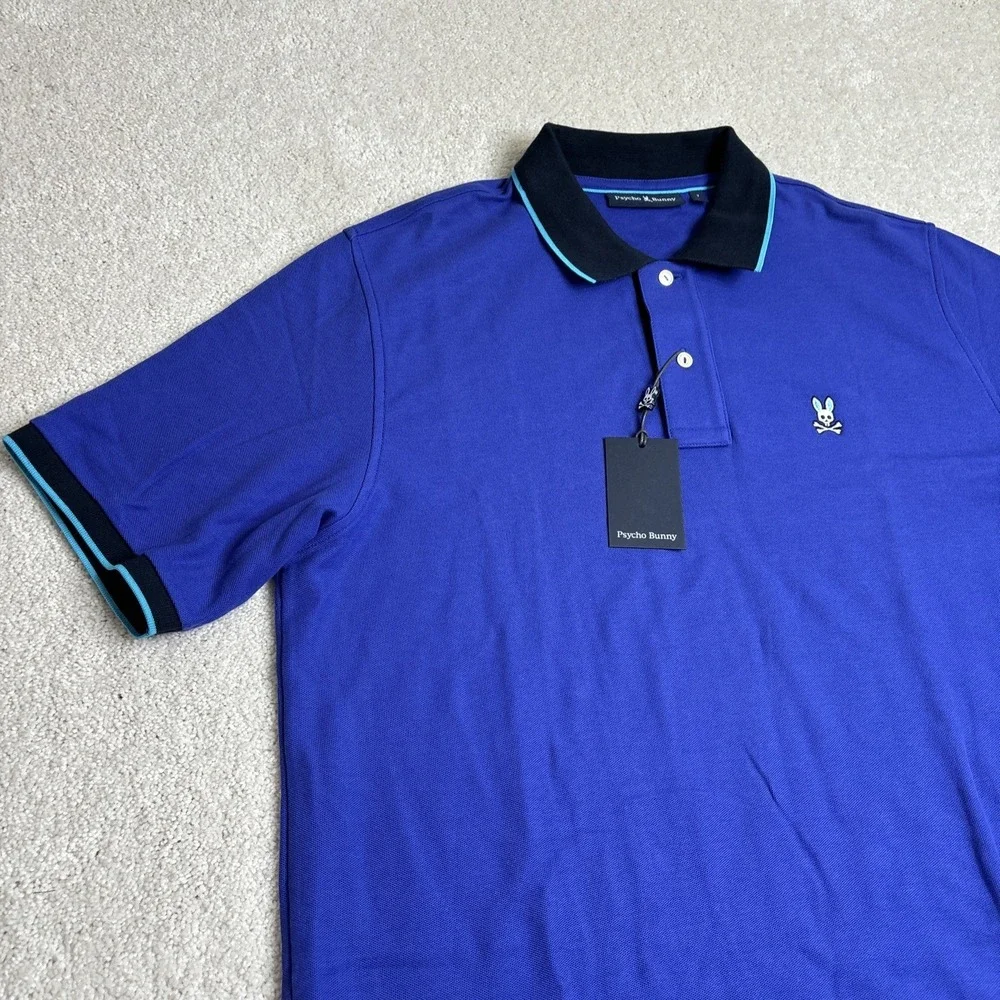 Psycho Bunny Men's Troy Logo‎ Pique Short Sleeve Polo Shirt Blue NWT Size 7
